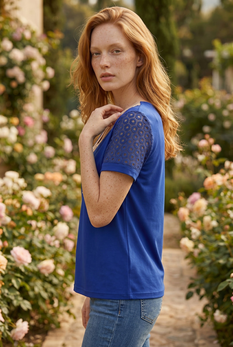 Short Sleeve V Neck Top with Lace Trim in sax blue – photo 5