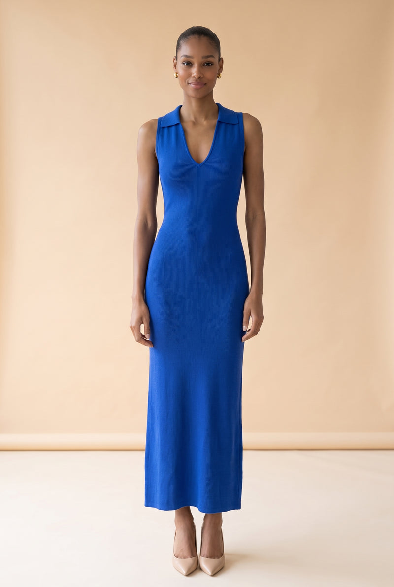 Sleeveless Collared V-Neck Bodycon Maxi Dress in blue