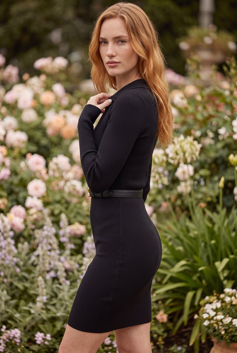 Schwarzes Minikleid mit Kragen und langen Ärmeln – Foto 2