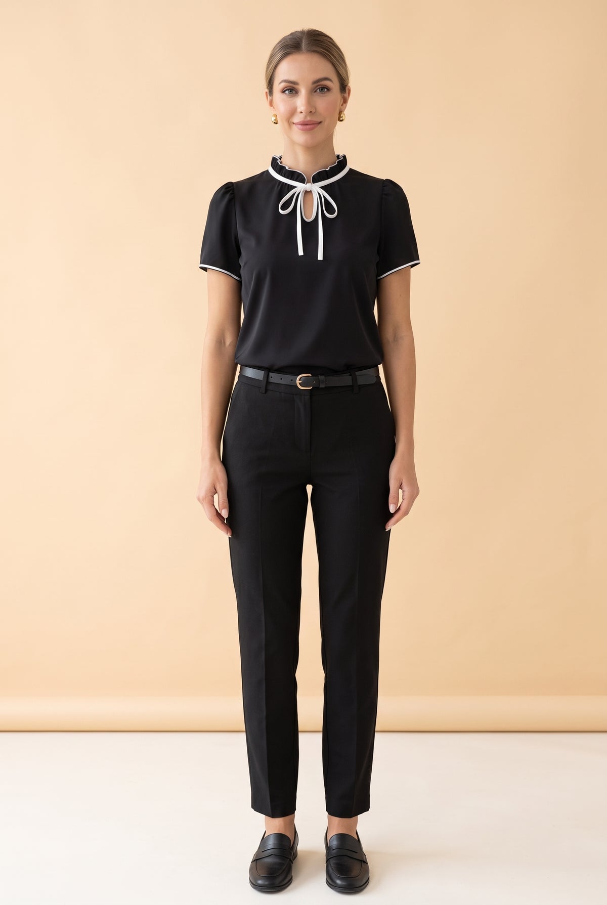 Ruffled Short Sleeve Tie Neck Crepe Blouse in black