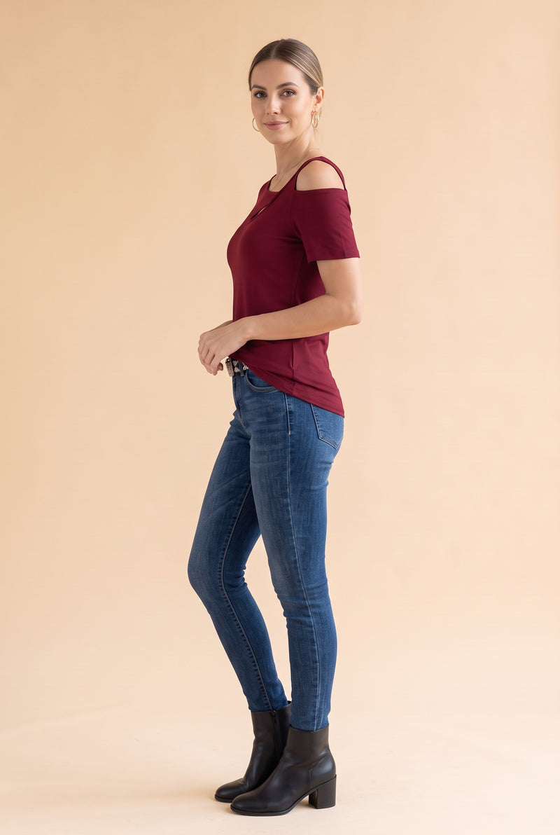 Short Sleeve Asymmetric Top with Cut-Outs in burgundy – photo 3