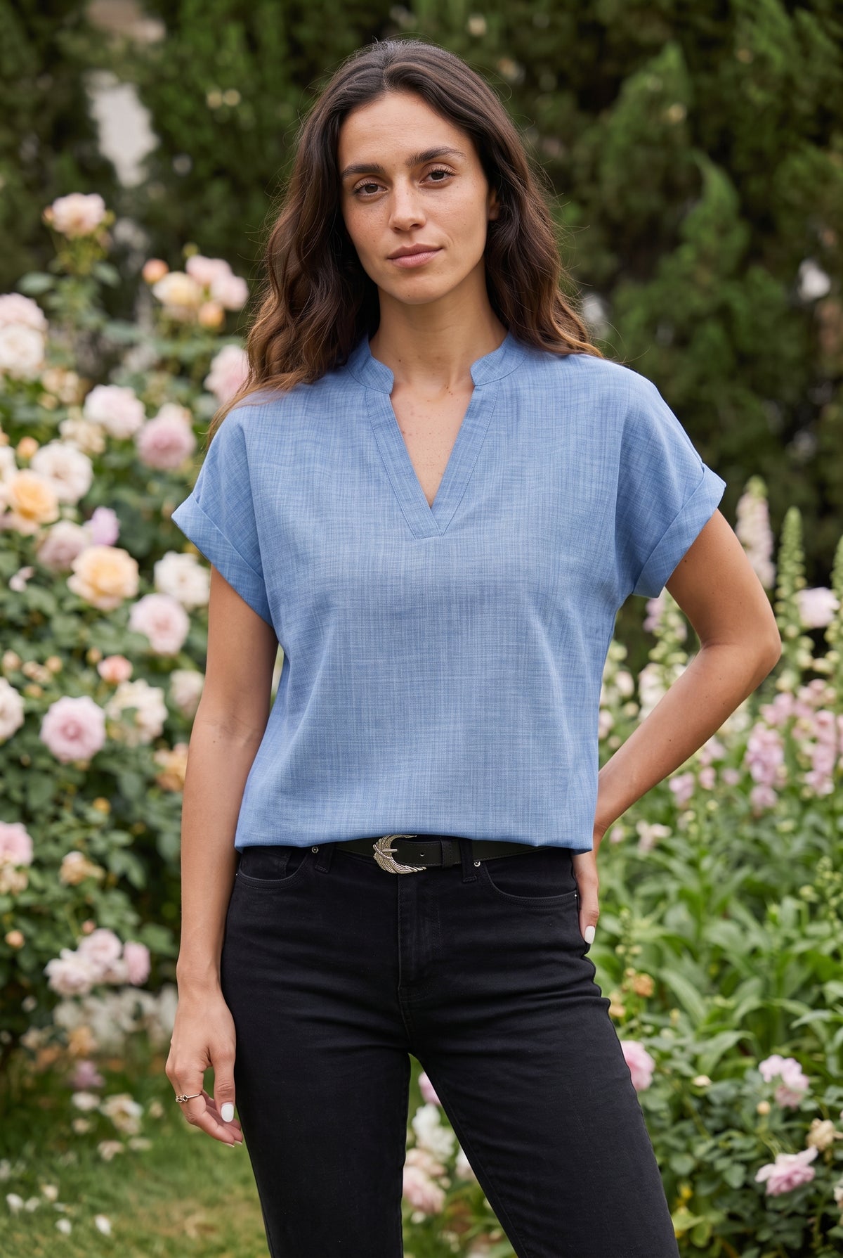 Blouse en lin à col mao et manches courtes, coloris bleu 1 – photo 4