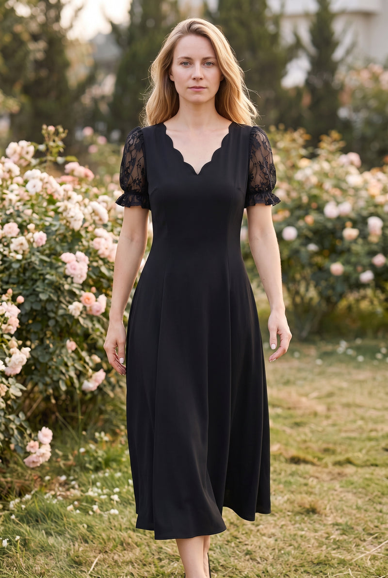 Schwarzes Midikleid mit kurzen Spitzenärmeln – Foto 3