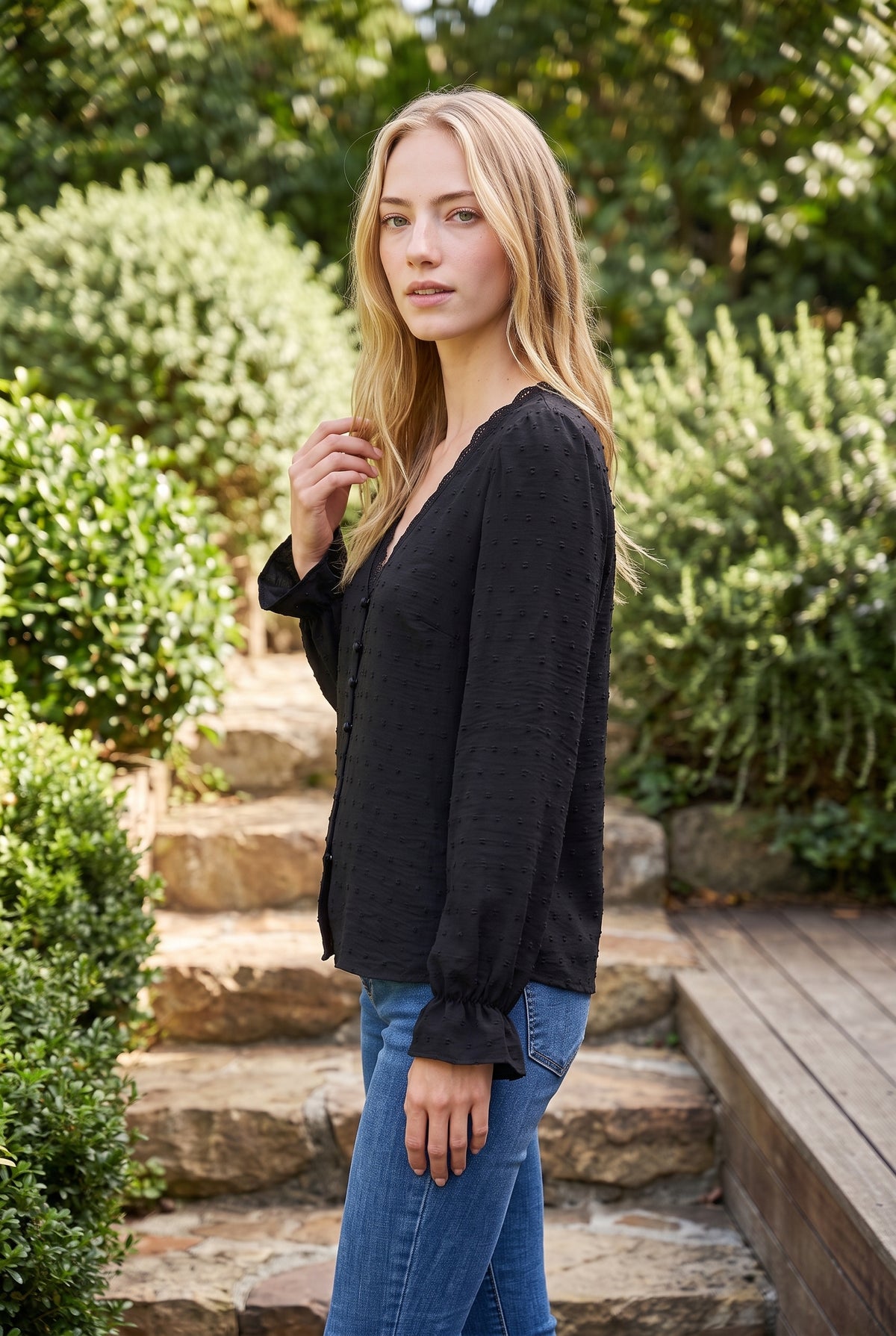 Long Sleeve V Neck Top with Lace Trim in black – photo 2