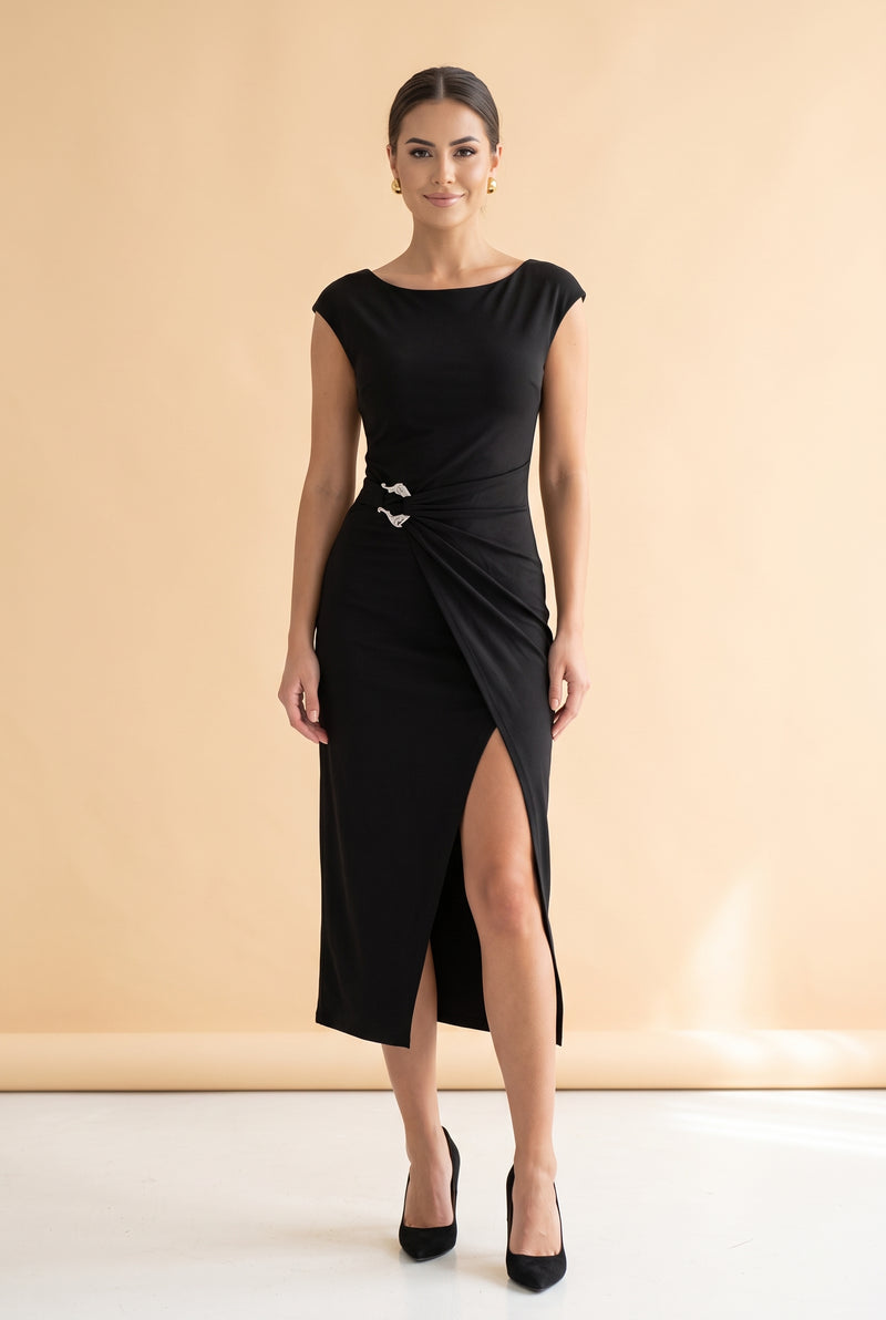 Black Midi Dress with Ruched Side and Slit