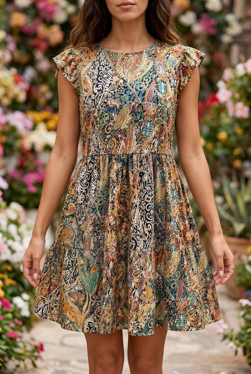 Robe courte évasée à imprimé ethnique et volants – photo 5