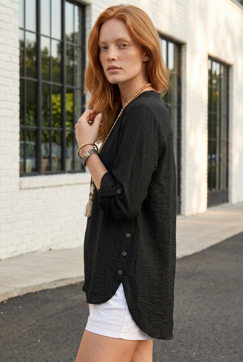 Blouse Longue à Col Mao et Boutons Latéraux, coloris noir – photo 2