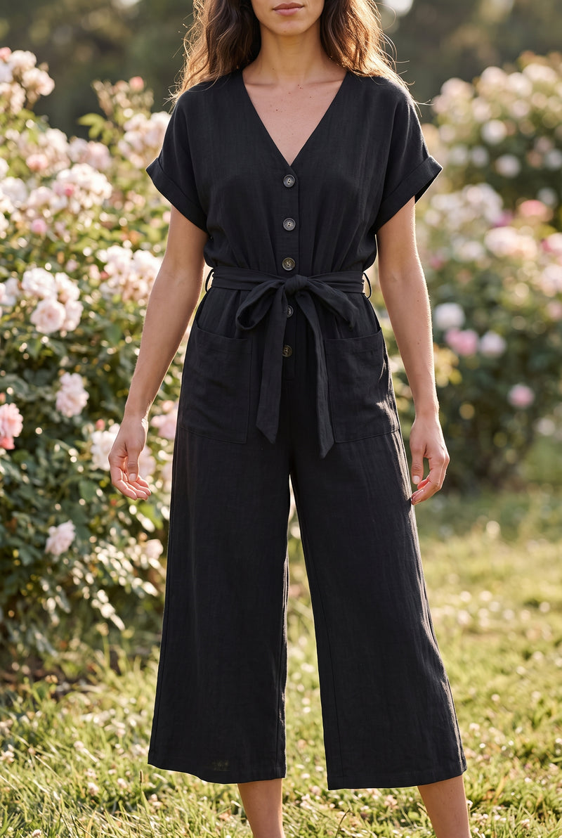 Short Sleeve V Neck Wide Leg Jumpsuit in black – photo 5