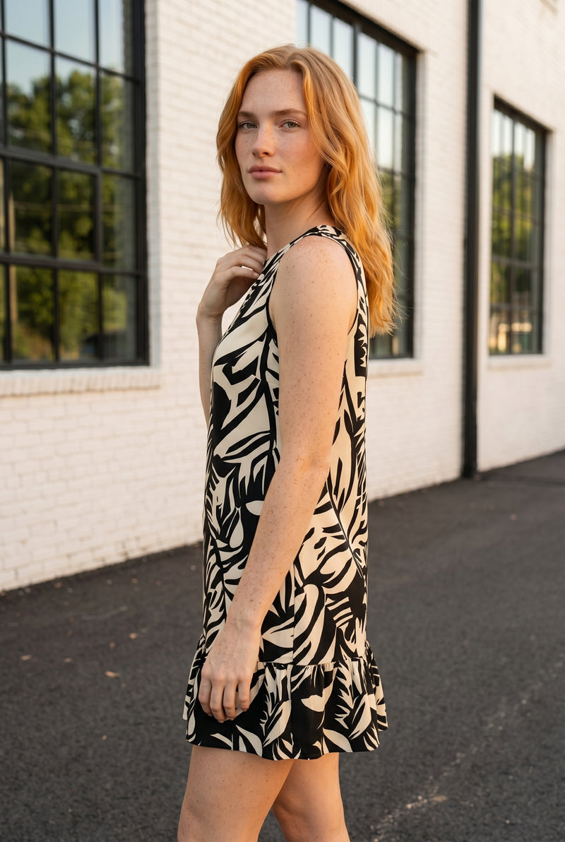 Printed Sleeveless Mini Dress with Ruffled Hem in black – photo 2