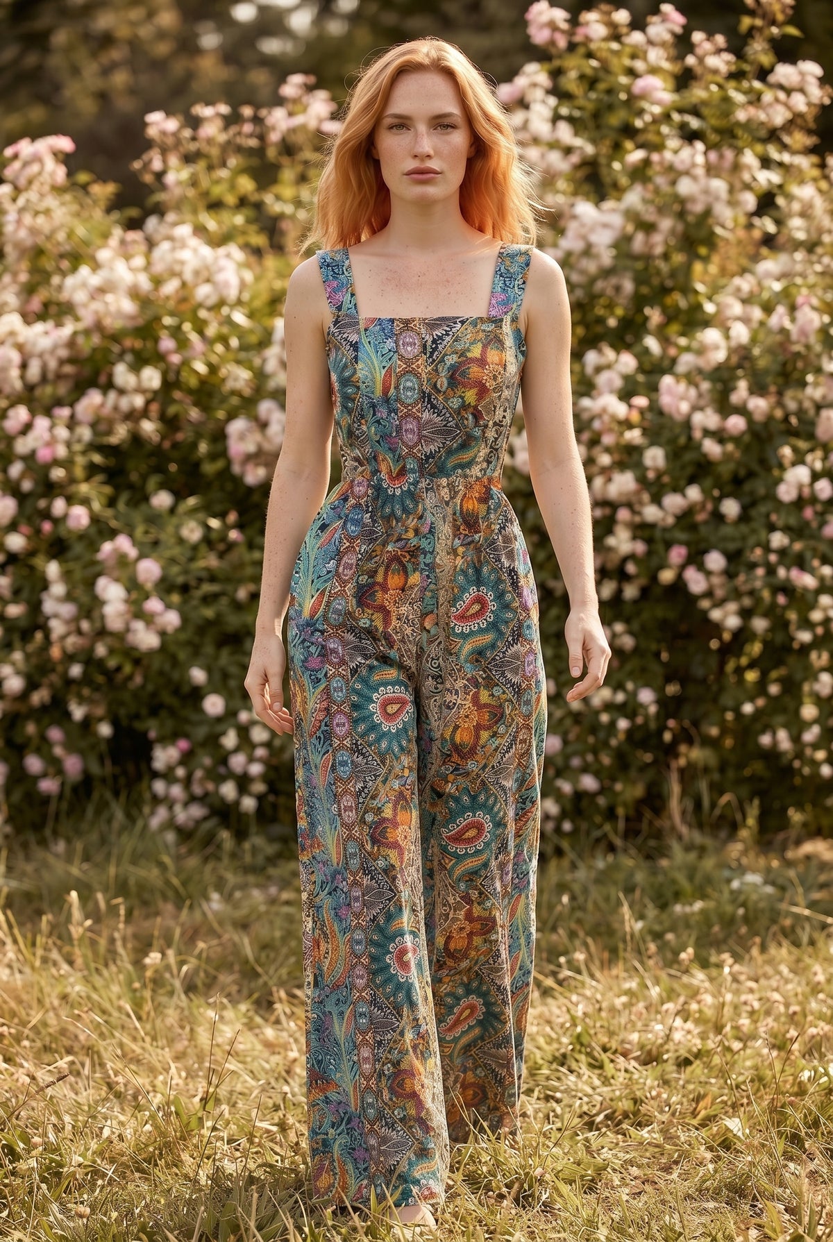 Printed Square Neck Wide Leg Jumpsuit in green – photo 3