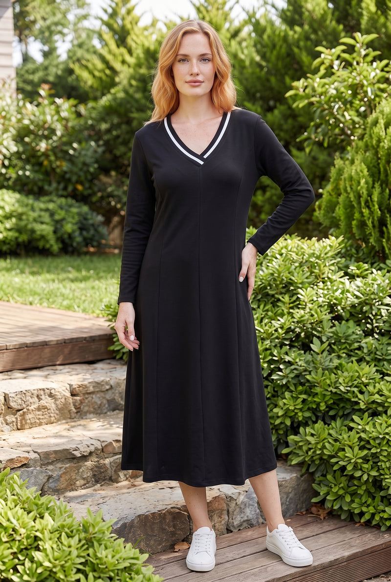 Long Sleeve V-Neck Modal Midi Dress in black – photo 4