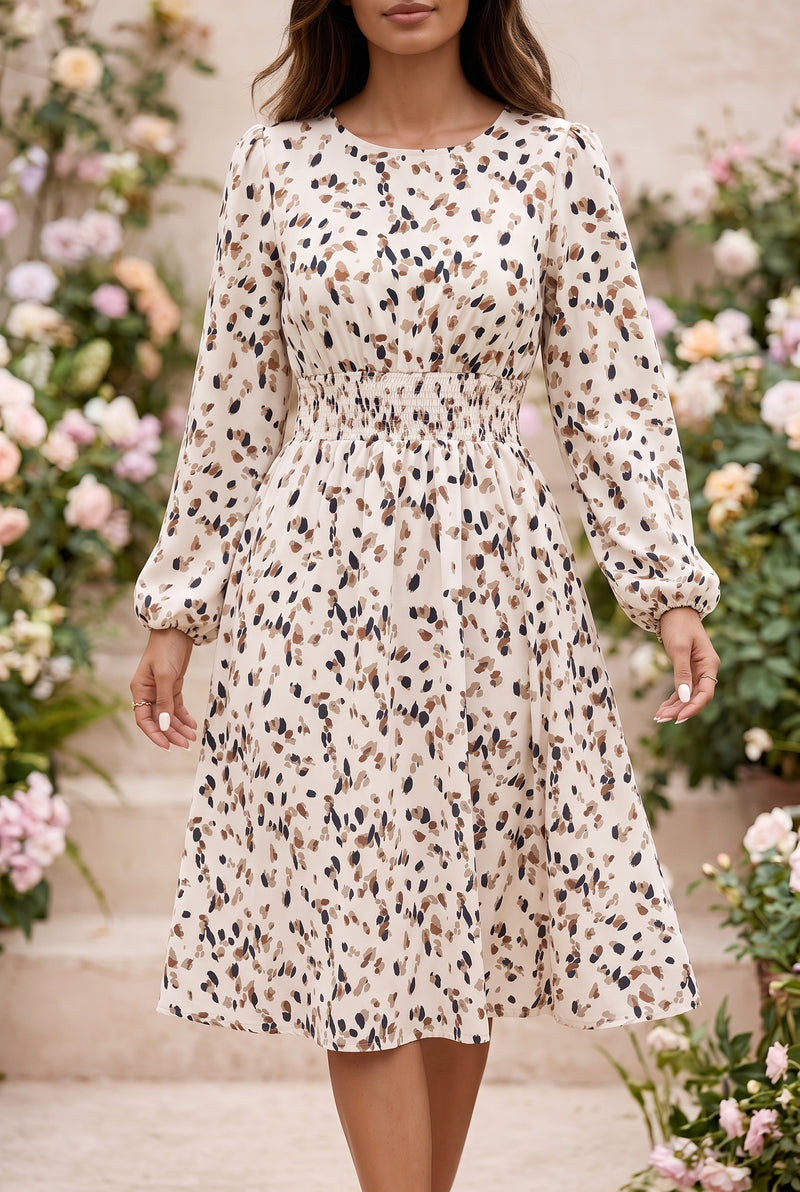 Leopard Print Long Sleeve Midi Dress in beige – photo 3