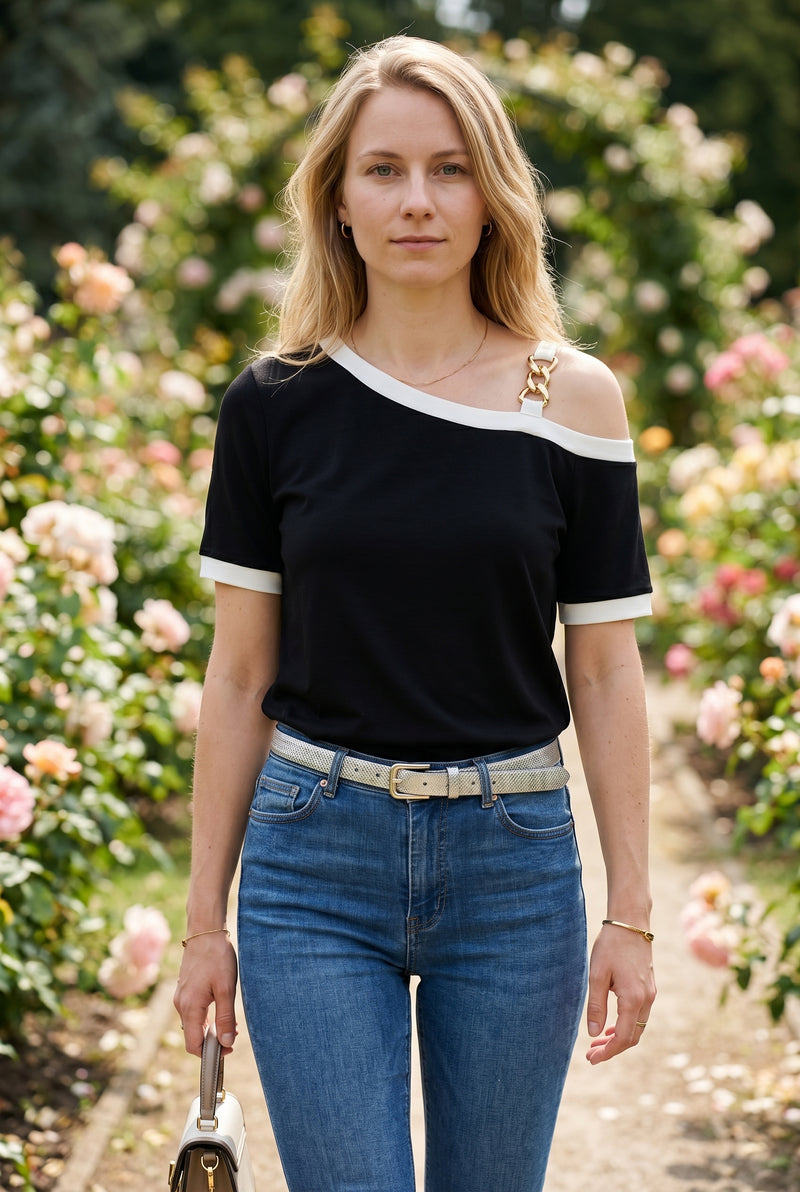 Short Sleeve One Shoulder Viscose Top in black – photo 2